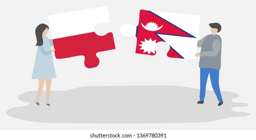Couple holding two puzzles pieces with Polish and Nepalese flags. Poland and Nepal national symbols together.