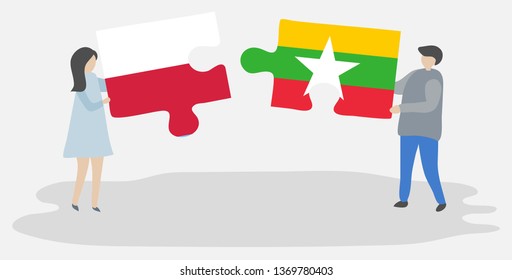 Couple holding two puzzles pieces with Polish and Burmese flags. Poland and Myanmar national symbols together.