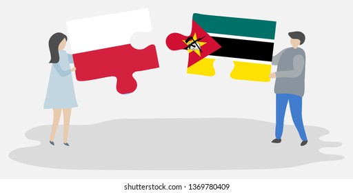 Couple holding two puzzles pieces with Polish and Mozambican flags. Poland and Mozambique national symbols together.