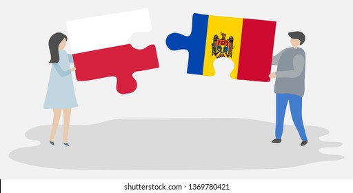 Couple holding two puzzles pieces with Polish and Moldovan flags. Poland and Moldova national symbols together.