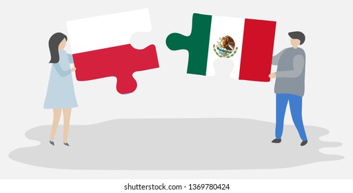 Couple holding two puzzles pieces with Polish and Mexican flags. Poland and Mexico national symbols together.