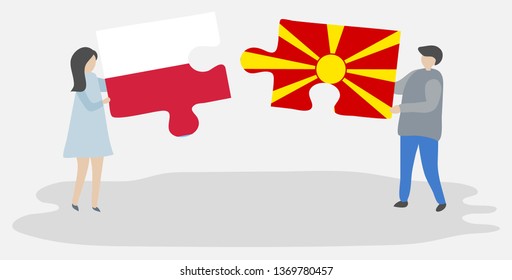 Couple holding two puzzles pieces with Polish and Macedonian flags. Poland and Macedonia national symbols together.
