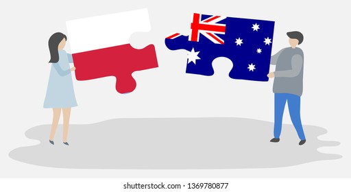 Couple holding two puzzles pieces with Polish and Australian flags. Poland and Australia national symbols together.