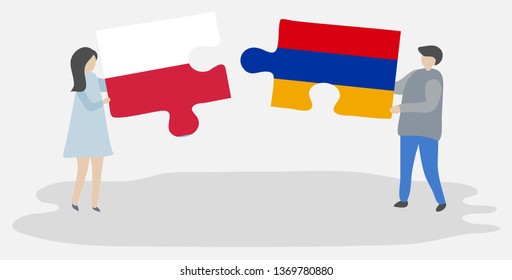 Couple holding two puzzles pieces with Polish and Armenian flags. Poland and Armenia national symbols together.