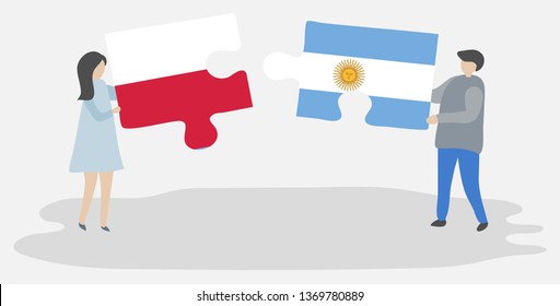 Couple holding two puzzles pieces with Polish and Argentine flags. Poland and Argentina national symbols together.