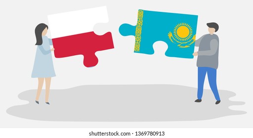 Couple holding two puzzles pieces with Polish and Kazakh flags. Poland and Kazakhstan national symbols together.