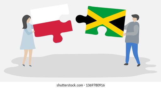 Couple holding two puzzles pieces with Polish and Jamaican flags. Poland and Jamaica national symbols together.