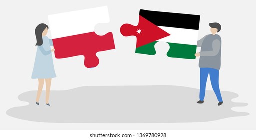 Couple holding two puzzles pieces with Polish and Jordanian flags. Poland and Jordan national symbols together.