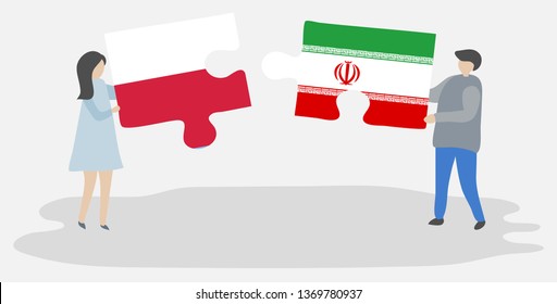 Couple holding two puzzles pieces with Polish and Iranian flags. Poland and Iran national symbols together.