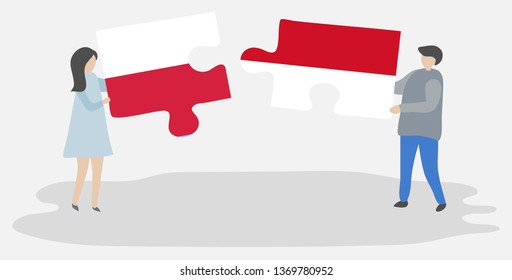 Couple holding two puzzles pieces with Polish and Indonesian flags. Poland and Indonesia national symbols together.