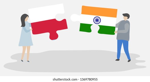 Couple holding two puzzles pieces with Polish and Indian flags. Poland and India national symbols together.