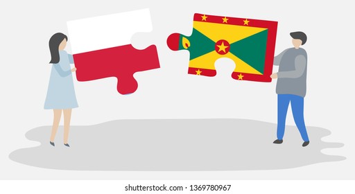 Couple holding two puzzles pieces with Polish and Grenadian flags. Poland and Grenada national symbols together.