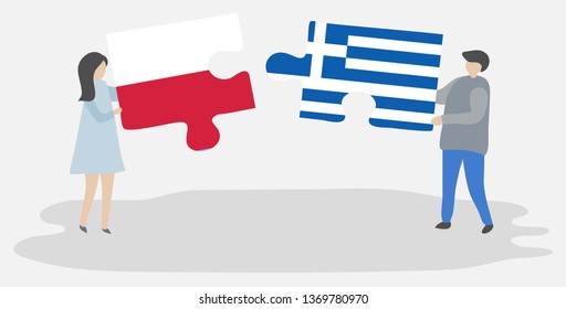 Couple holding two puzzles pieces with Polish and Greek flags. Poland and Greece national symbols together.
