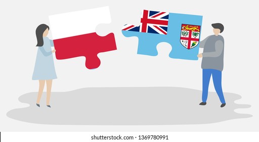 Couple holding two puzzles pieces with Polish and Fijian flags. Poland and Fiji national symbols together.