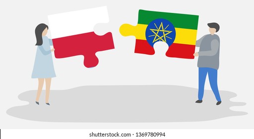 Couple holding two puzzles pieces with Polish and Ethiopian flags. Poland and Ethiopia national symbols together.