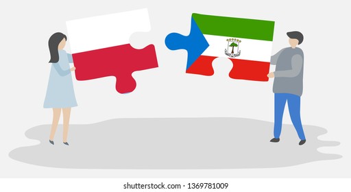 Couple holding two puzzles pieces with Polish and Equatorial Guinean flags. Poland and Equatorial Guinea national symbols together.