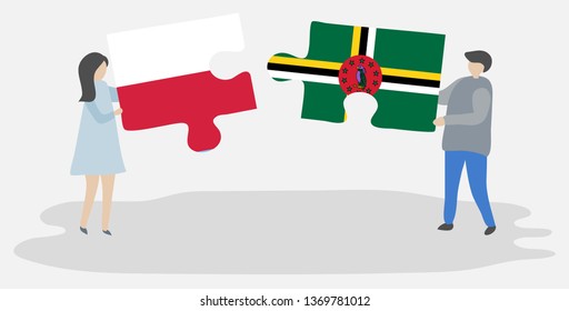 Couple holding two puzzles pieces with Polish and Dominican flags. Poland and Dominica national symbols together.