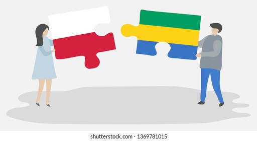 Couple holding two puzzles pieces with Polish and Gabonese flags. Poland and Gabon national symbols together.