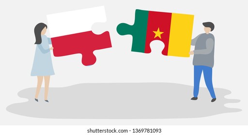 Couple holding two puzzles pieces with Polish and Cameroonian flags. Poland and Cameroon national symbols together.