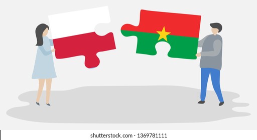 Couple holding two puzzles pieces with Polish and Burkinabe flags. Poland and Burkina Faso national symbols together.