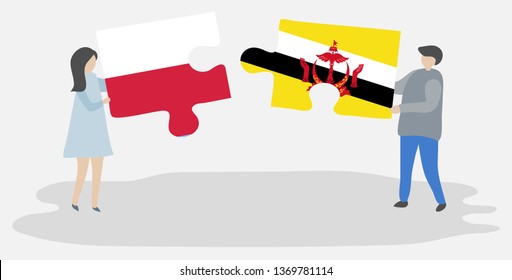 Couple holding two puzzles pieces with Polish and Bruneian flags. Poland and Brunei national symbols together.