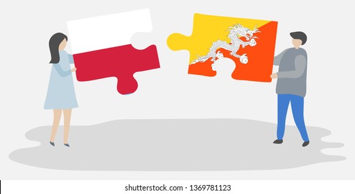Couple holding two puzzles pieces with Polish and Bhutanese flags. Poland and Bhutan national symbols together.