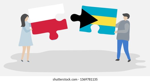 Couple holding two puzzles pieces with Polish and Bahamian flags. Poland and Bahamas national symbols together.