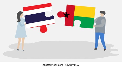 Couple holding two puzzles pieces with Thai and Bissau-Guinean flags. Thailand and Guinea-Bissau national symbols together.