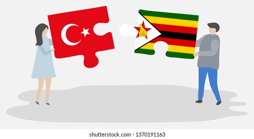 Couple holding two puzzles pieces with Turkish and Zimbabwean flags. Turkey and Zimbabwe national symbols together.