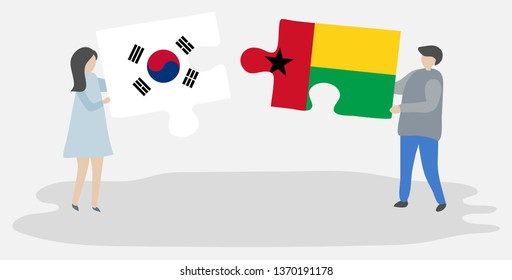 Couple holding two puzzles pieces with South Korean and Bissau-Guinean flags. South Korea and Guinea-Bissau national symbols together.