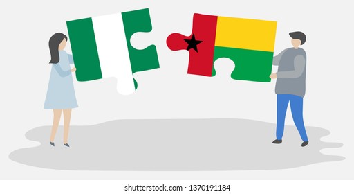 Couple holding two puzzles pieces with Nigerian and Bissau-Guinean flags. Nigeria and Guinea-Bissau national symbols together.