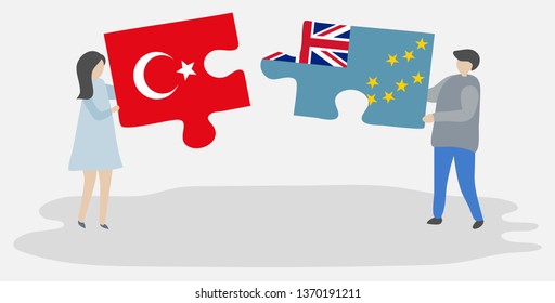 Couple holding two puzzles pieces with Turkish and Tuvaluan flags. Turkey and Tuvalu national symbols together.