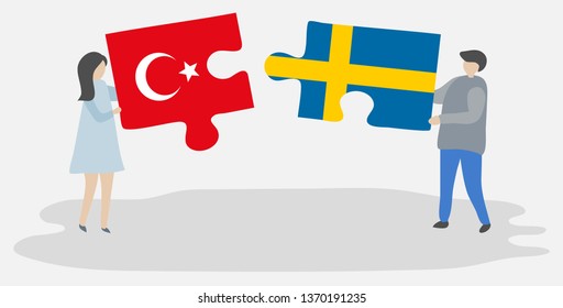 Couple holding two puzzles pieces with Turkish and Swedish flags. Turkey and Sweden national symbols together.