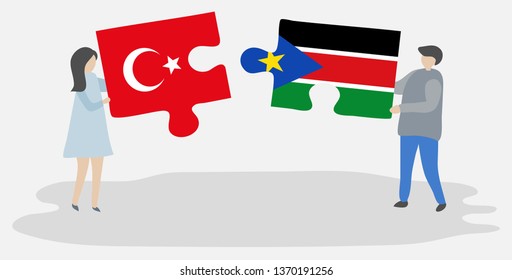 Couple holding two puzzles pieces with Turkish and South Sudanese flags. Turkey and South Sudan national symbols together.