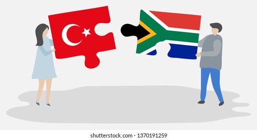 Couple holding two puzzles pieces with Turkish and South African flags. Turkey and South Africa national symbols together.