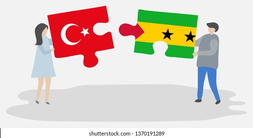 Couple holding two puzzles pieces with Turkish and Sao Tomean flags. Turkey and Sao Tome and Principe national symbols together.