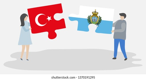 Couple holding two puzzles pieces with Turkish and Sammarinese flags. Turkey and San Marino national symbols together.