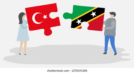 Couple holding two puzzles pieces with Turkish and Kittitian flags. Turkey and Saint Kitts and Nevis national symbols together.