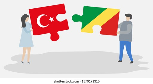 Couple holding two puzzles pieces with Turkish and Congolese flags. Turkey and Republic of the Congo national symbols together.