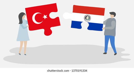 Couple holding two puzzles pieces with Turkish and Paraguayan flags. Turkey and Paraguay national symbols together.