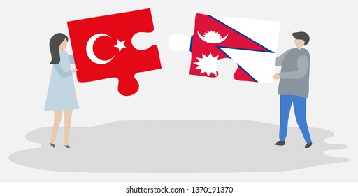 Couple holding two puzzles pieces with Turkish and Nepalese flags. Turkey and Nepal national symbols together.