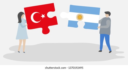Couple holding two puzzles pieces with Turkish and Argentine flags. Turkey and Argentina national symbols together.