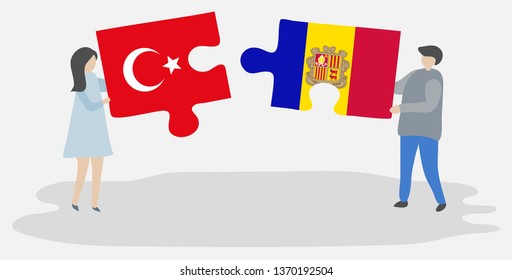 Couple holding two puzzles pieces with Turkish and Andorran flags. Turkey and Andorra national symbols together.