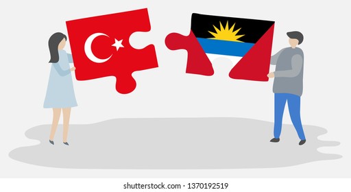 Couple holding two puzzles pieces with Turkish and Antiguan flags. Turkey and Antigua and Barbuda national symbols together.