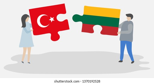Couple holding two puzzles pieces with Turkish and Lithuanian flags. Turkey and Lithuania national symbols together.