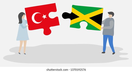 Couple holding two puzzles pieces with Turkish and Jamaican flags. Turkey and Jamaica national symbols together.