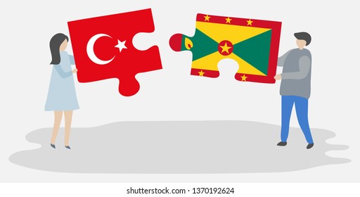 Couple holding two puzzles pieces with Turkish and Grenadian flags. Turkey and Grenada national symbols together.