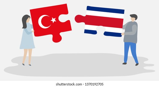 Couple holding two puzzles pieces with Turkish and Costa Rican flags. Turkey and Costa Rica national symbols together.