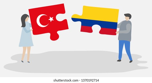 Couple holding two puzzles pieces with Turkish and Colombian flags. Turkey and Colombia national symbols together.