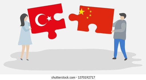 Couple holding two puzzles pieces with Turkish and Chinese flags. Turkey and China national symbols together.